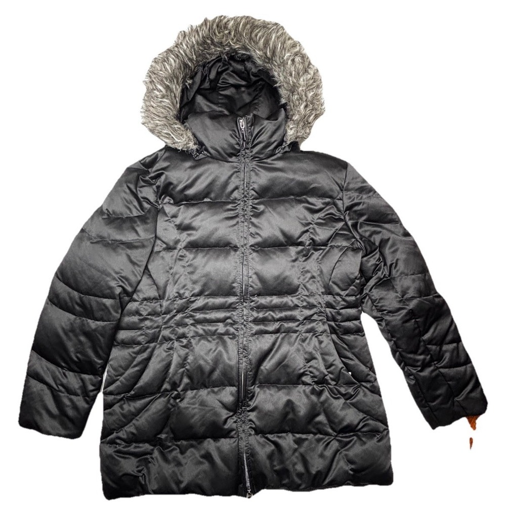 St. John's Bay Womens XL Black Down Puffer Jacket Removable Fur Hood Winter Coat